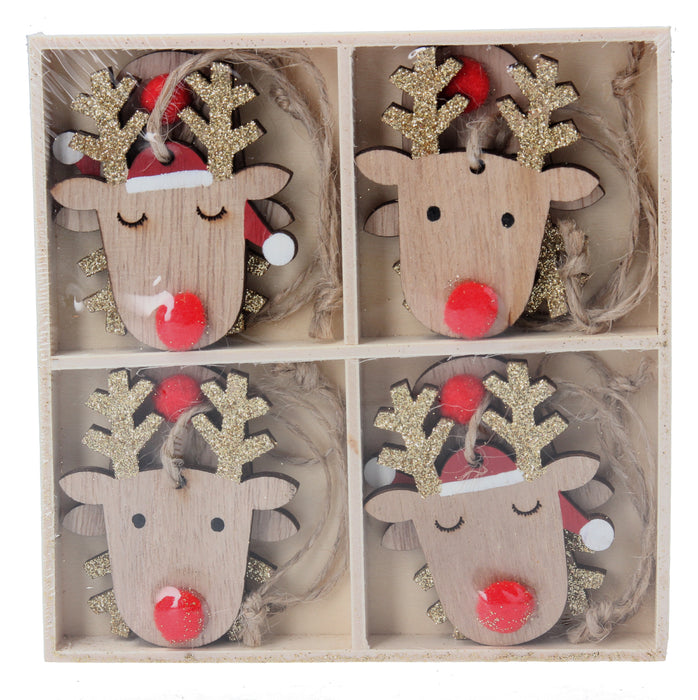 Gisela Graham Wood Reindeer Head with Red Nose Decorations