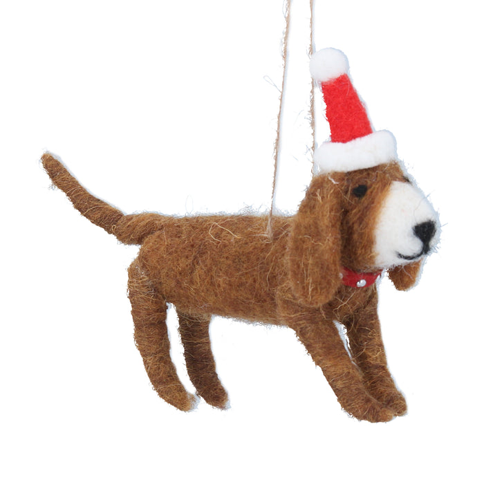 Gisela Graham Wool Brown Dog with Santa Hat Decoration