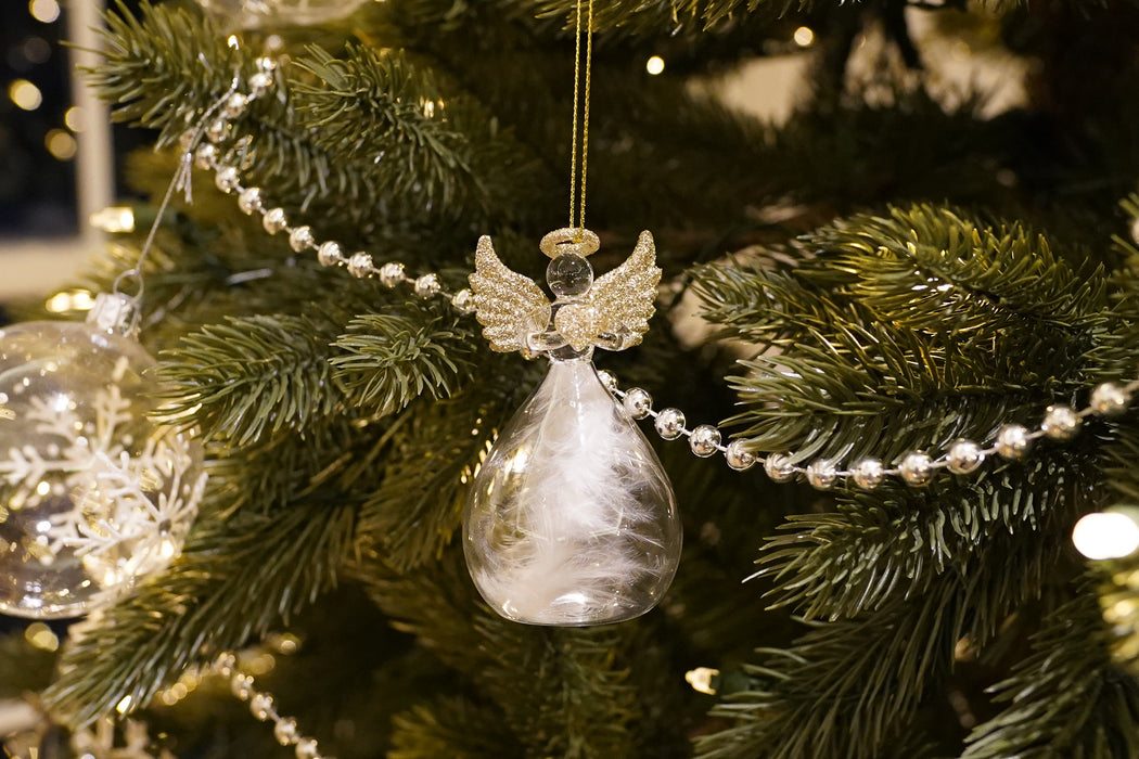 Glass Golden Heart Hanging Angel with Feather
