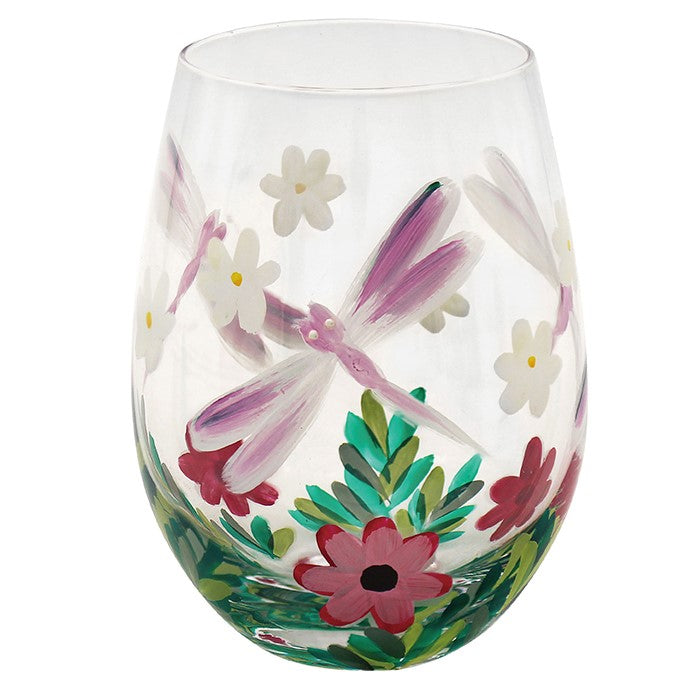 Hand Painted Dragonfly Stemless Glass