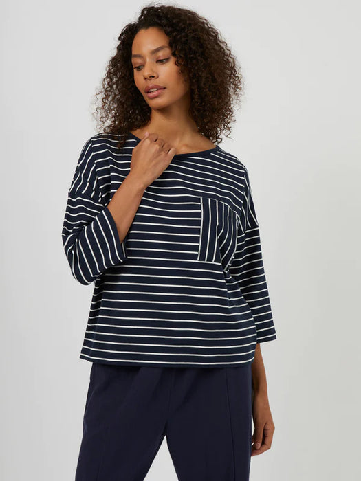 Great Plains Womens Jersey Stripe Pocket 3/4 Sleeve T-Shirt Summer Navy/Milk