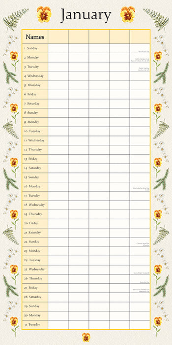 The Gifted Stationary Company 2023 Square Wall Calendar - Floral Family Organiser