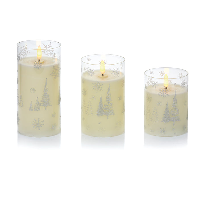 Silver Christmas Tree Flickerbright Glass Candle Set of 3