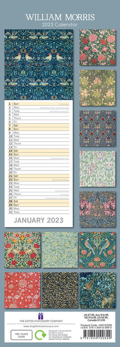 The Gifted Stationary Company 2023 Slimline Calendar - William Morris - Strawberry Thief
