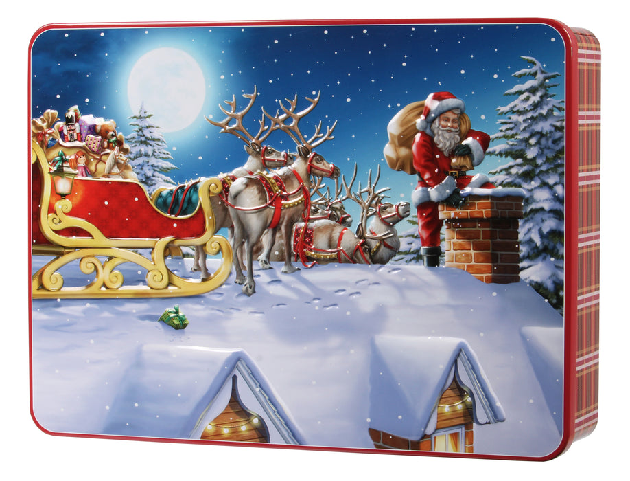 Grandma Wilds Santa Sleigh Embossed Tin Filled With Chocolate Chip & Shortcake Whirl Biscuits
