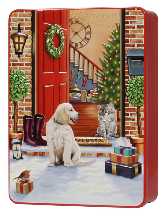 Christmas Cat And Dog On Doorstep Embossed Tin With Biscuits