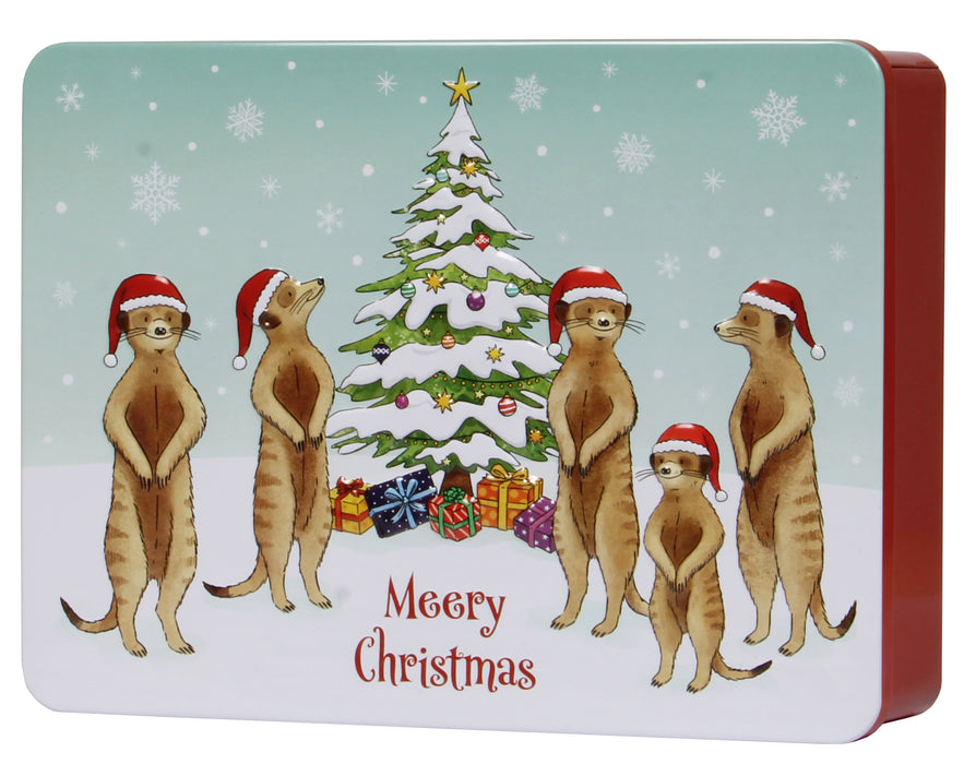 Christmas Meerkat Embossed Tin Filled With Chocolate Chip & Shortcake Biscuits
