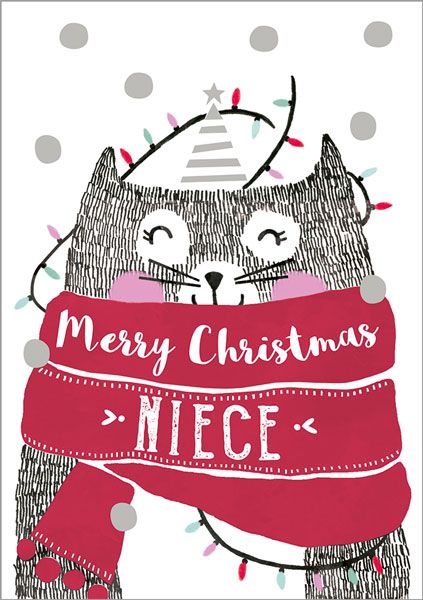 Art File Niece Cat In Scarf Christmas Card
