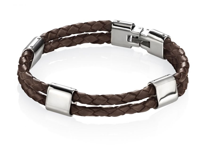 Fred Bennett Stainless Steel Brown Leather Bracelet