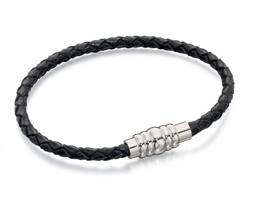 Fred Bennett Skinny Stainless Steel Black Leather Bracelet With Magnetic Clasp