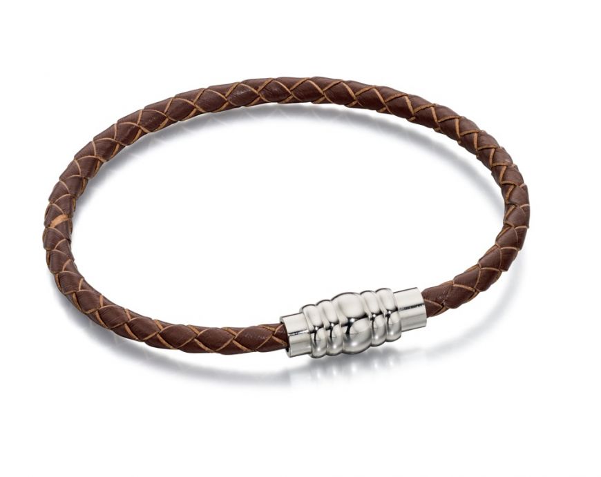 Fred Bennett Skinny Stainless Steel Brown Leather Magnetic Bracelet