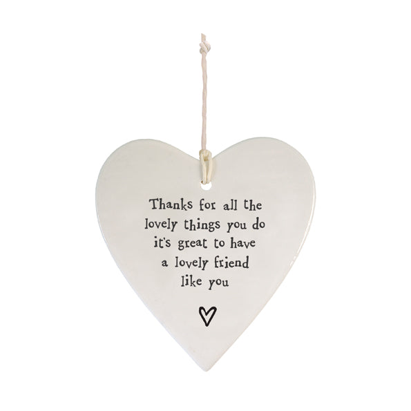 East of India Porcelain Round Hanging Heart - Thanks For All