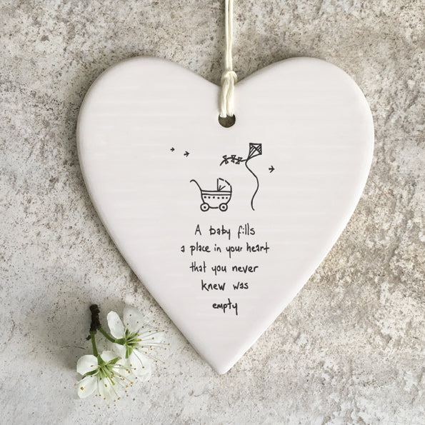East of India Wobbly Porcelain Round Heart - Baby Fills a Place