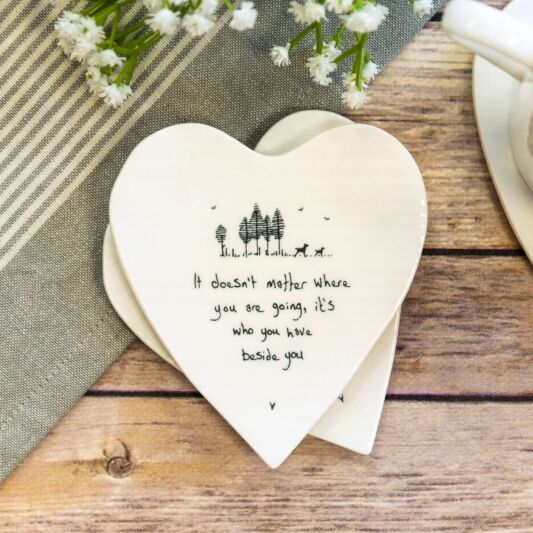 East of India Porcelain Heart Coaster - Doesn't Matter Where You're Going