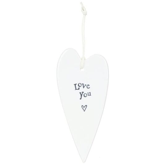 East of India Porcelain Long Hanging Heart - Love You