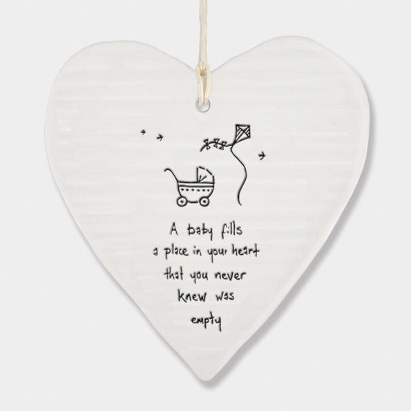 East of India Wobbly Porcelain Round Heart - Baby Fills a Place