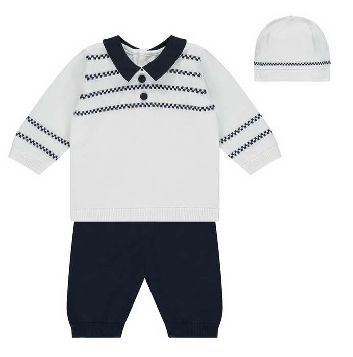 Emile et Rose Declan Navy Knit Baby Boys Trouser Set with Hat