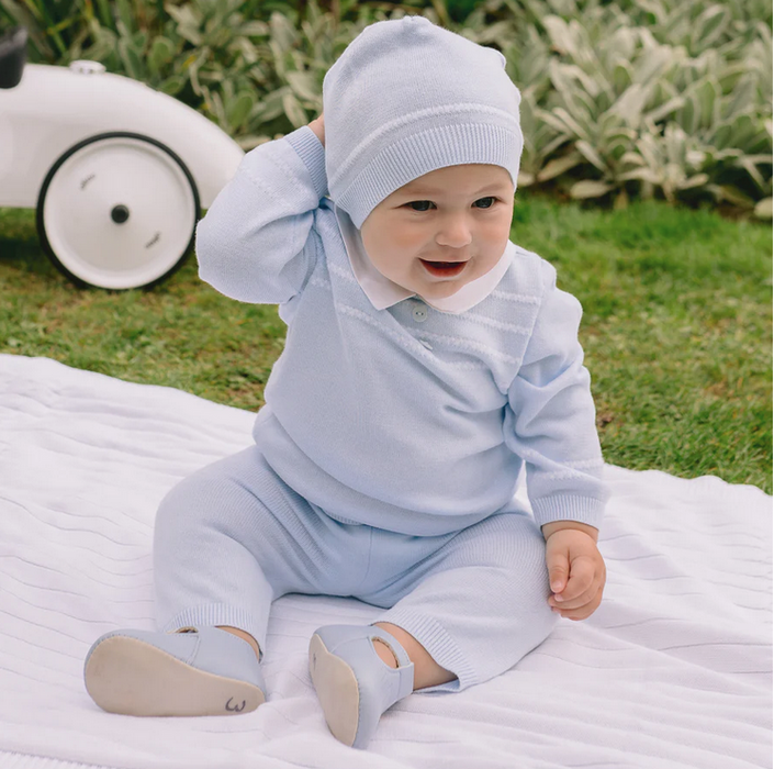 Emile et Rose Declan Blue Knit Baby Boys Trouser Set with Hat