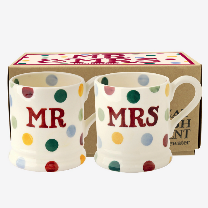 Emma Bridgewater Polka Dot 'Mr & Mrs' Set of 2 1/2 Pint Mugs Boxed