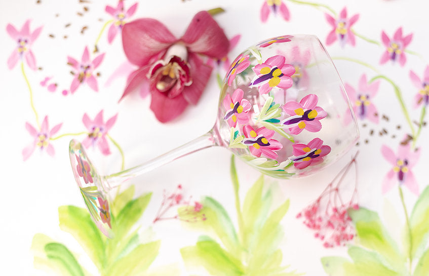 Hand Painted Pink Orchids Gin Glass
