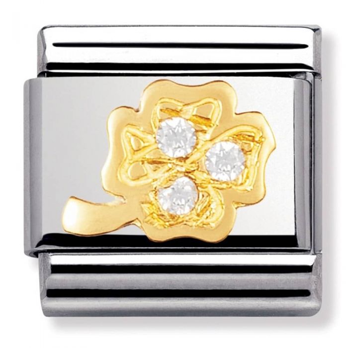 Nomination Classic Gold Cubic Zirconia Good Luck White Four Leaf Clover Charm