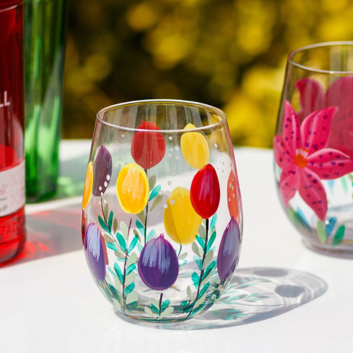 Hand Painted Tulip Stemless Glass