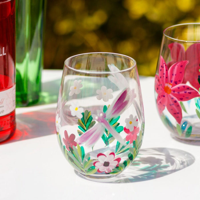 Hand Painted Dragonfly Stemless Glass