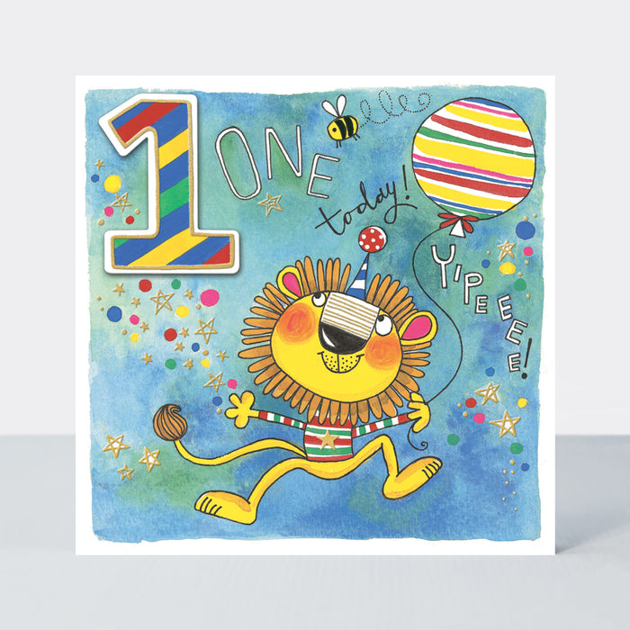 Rachel Ellen Birthday Card - Age 1 Lion with Balloon