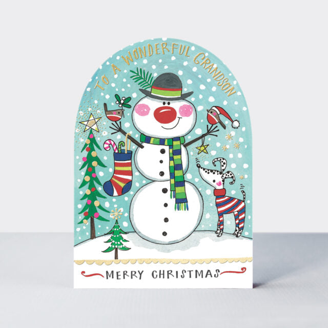 Rachel Ellen Grandson Christmas Card - Snowman Snow Globe