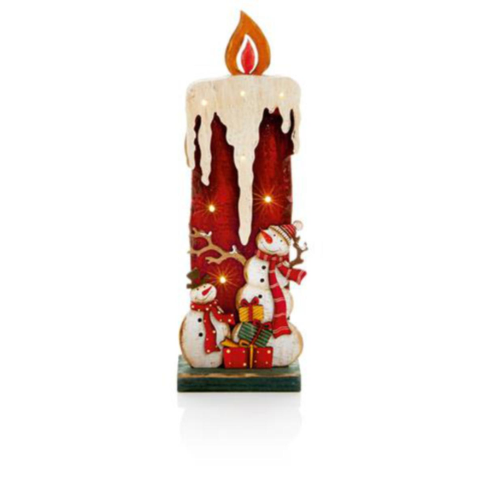 Wooden Candle Shape W Snowman Decoration