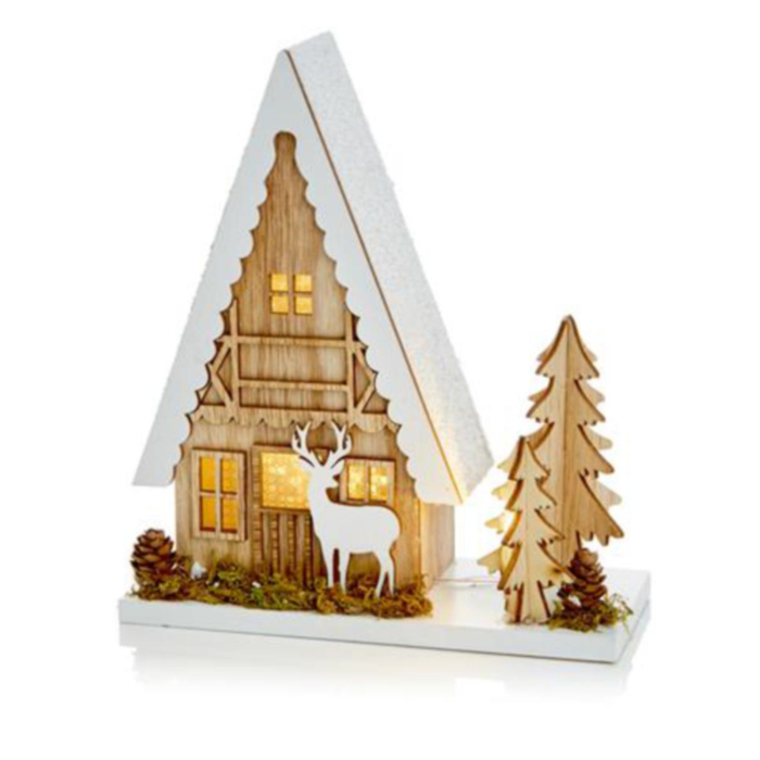 Wooden Christmas House with Xmas Tree and Reindeer
