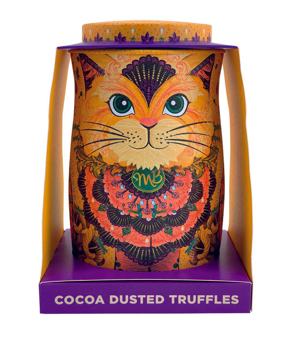 Monty Bojangles Savanna Gold Cat Tin of Flutter Scotch flavoured Cocoa Dusted Truffles with Butterscotch Chips