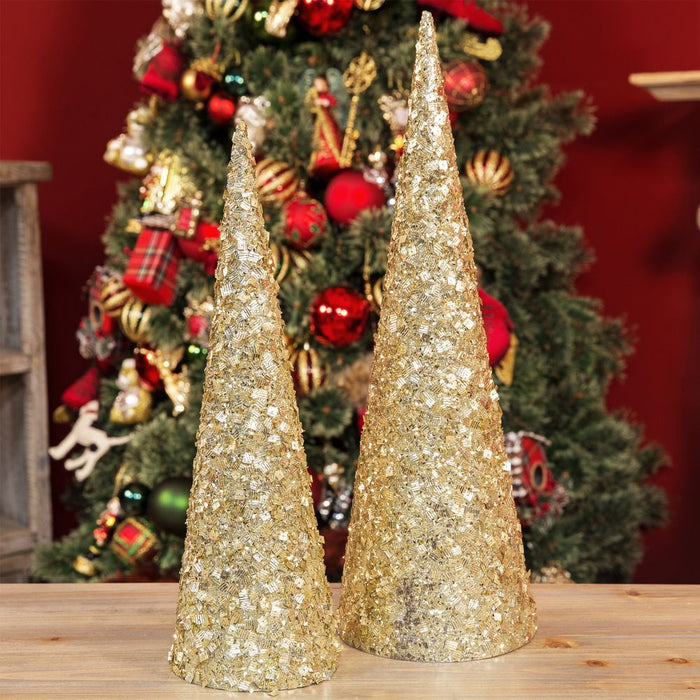 Set of 2 Gold Glitter Cone Trees